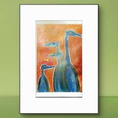 Great Blue Herons Abstract Expressionist Original Watercolor Painting Paper 9×12