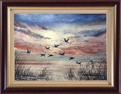 DUCKS FLYING CLOUDY SKY Original Art Painting Landscape GEESE FLYING Seascape A4