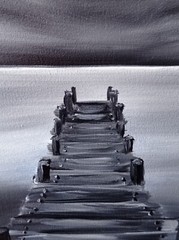 Original Painting Bridge Lake Sky Black White Art Landscape Oil 18 x 14 in