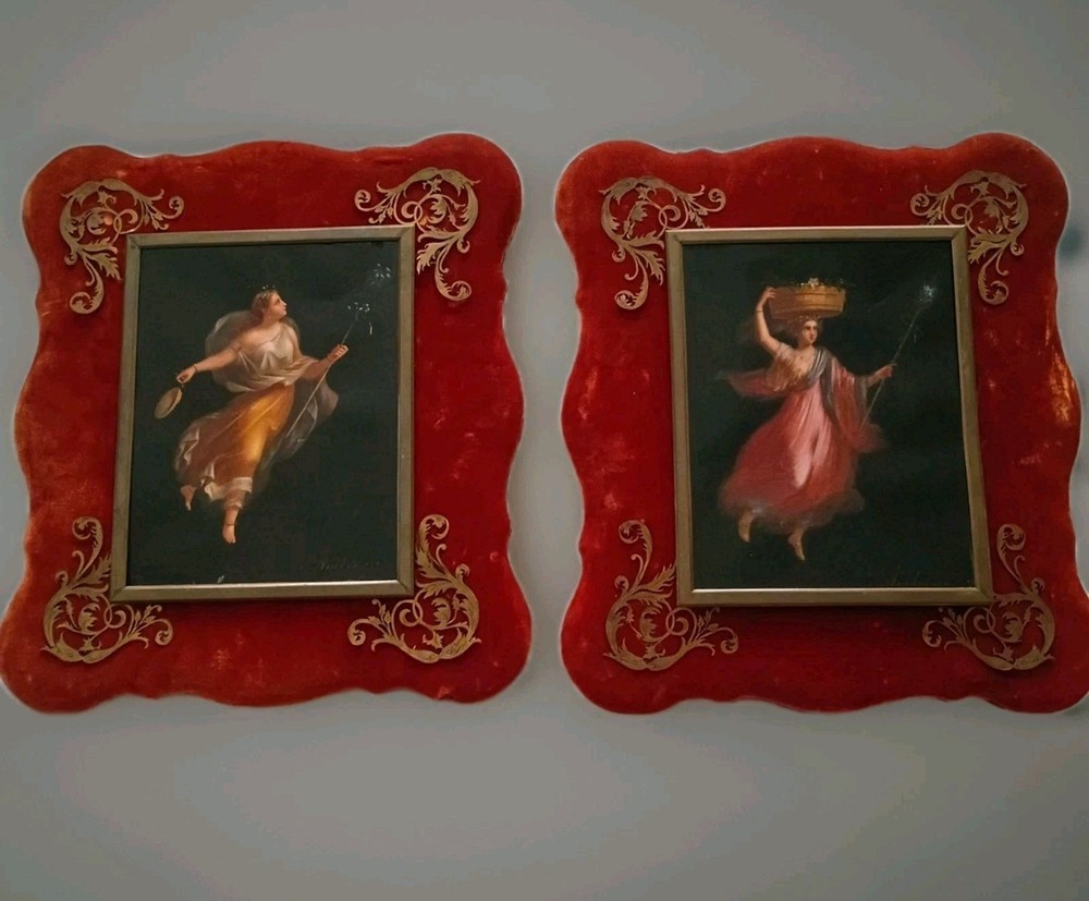 Pair 2 19th C Oil Painting Maiden Allegorical Angel Italian J Ambrosini KPM era