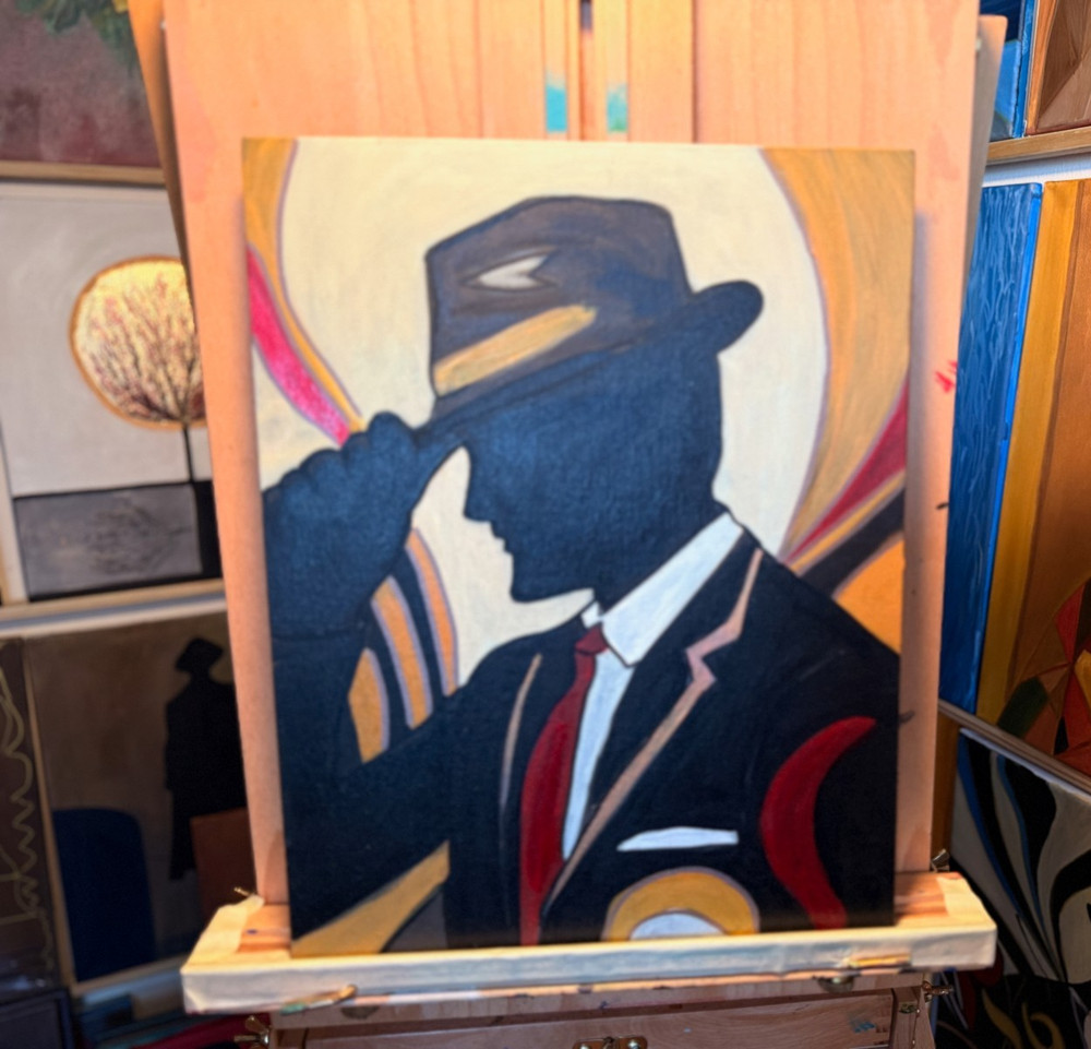 Original Modern Figurative Painting 11×14 – Noir Gentleman Silhouette, Hat Tip A