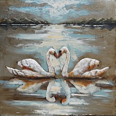 Two White Swan painting. 3d bird Wall Sculptural painting. Smooth texture Art.
