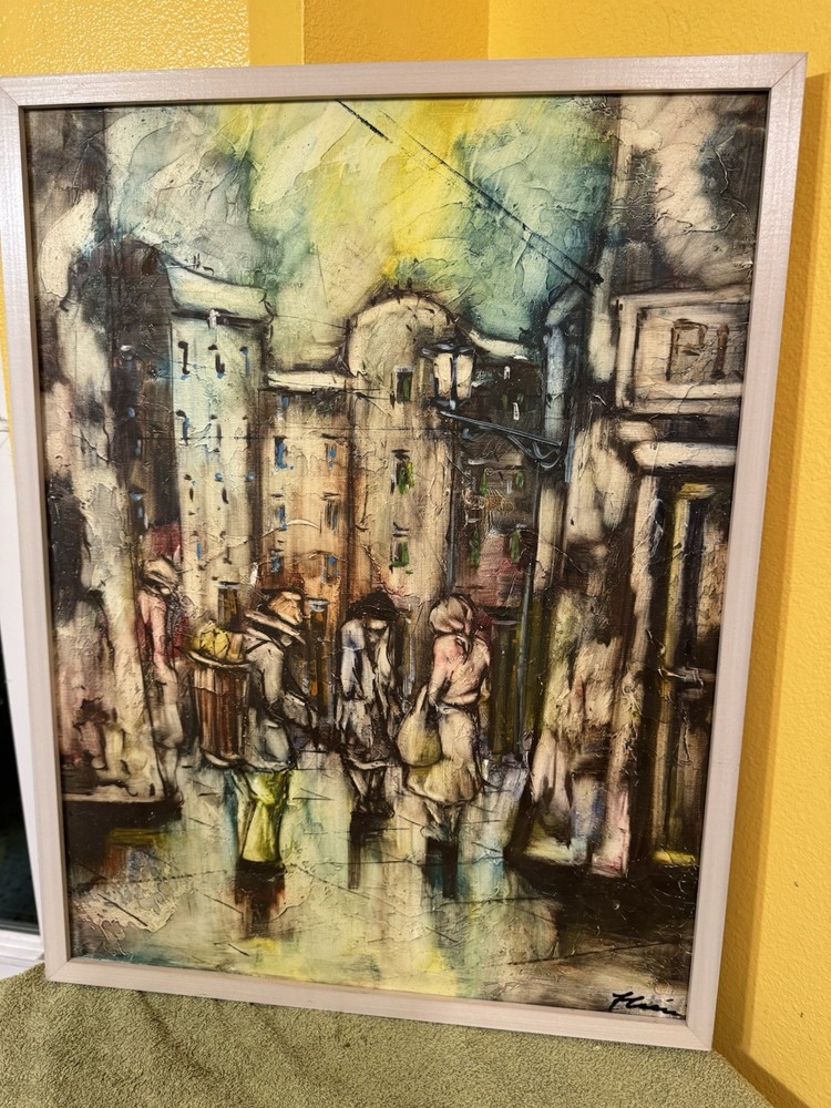 Vintage Cubism Cityscape Impression Multi-Figure Oil Painting 21×27~Signed