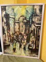 Vintage Cubism Cityscape Impression Multi-Figure Oil Painting 21×27~Signed