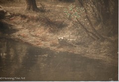 Antique Lithograph of Romantic Wooded Landscape w/ Figure by Stream
