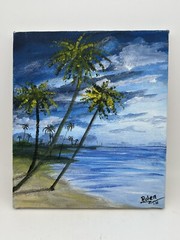 Original Art Work Acrylic Painting Tropical Landscape Palm Trees 9×8 Blue Signed