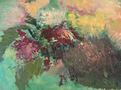 Original ROSE SUSLOVICH ART: ORANGE PURPLE FLOWERS, signed, 20X24″, on masonite