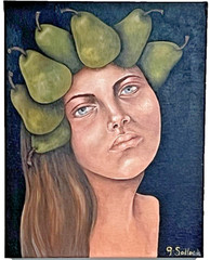 Gary Sollock Original Surreal Portrait Painting Pear Crown Dream Girl 14×11
