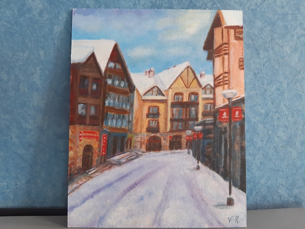 Original acrylic painting, houses in Gudauri Georgia, 7,87×9,84 in (20×25cm)