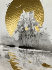 ORIGINAL Heron Sunset Landscape Painting realism Art Sumi-e Ink Gold Artwork USA
