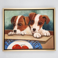 Jack Russell Terrier Puppies in Box Original Oil Painting 16×20 Canvas Dog Decor