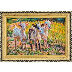 Original Oil Painting Baby Goats Farm Animal Art 4×6 Framed Landscape