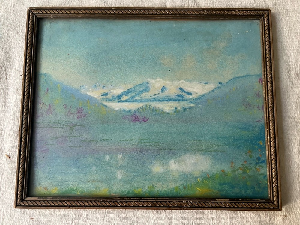 Vintage Pastel Watercolor Landscape Painting Snow Mountains Framed 10×13”