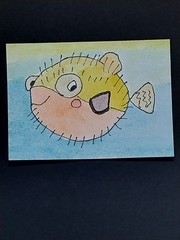 ACEO Original Art Card ATC Watercolor OOAK Signed Blowfish Fish Painting By GAT