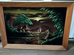Vtg Large Mid Century Black Velvet Tiki Art Framed 40′ x 28″ Palm Trees Village