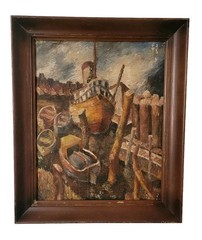 Vintage Oil Painting Fishing Boat Harbor Scene Original Artwork