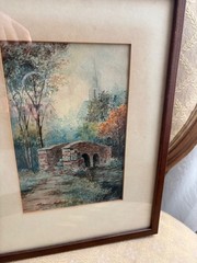 Antique Watercolor Painting Framed Landscape Stone Bridge Church England 10×13”