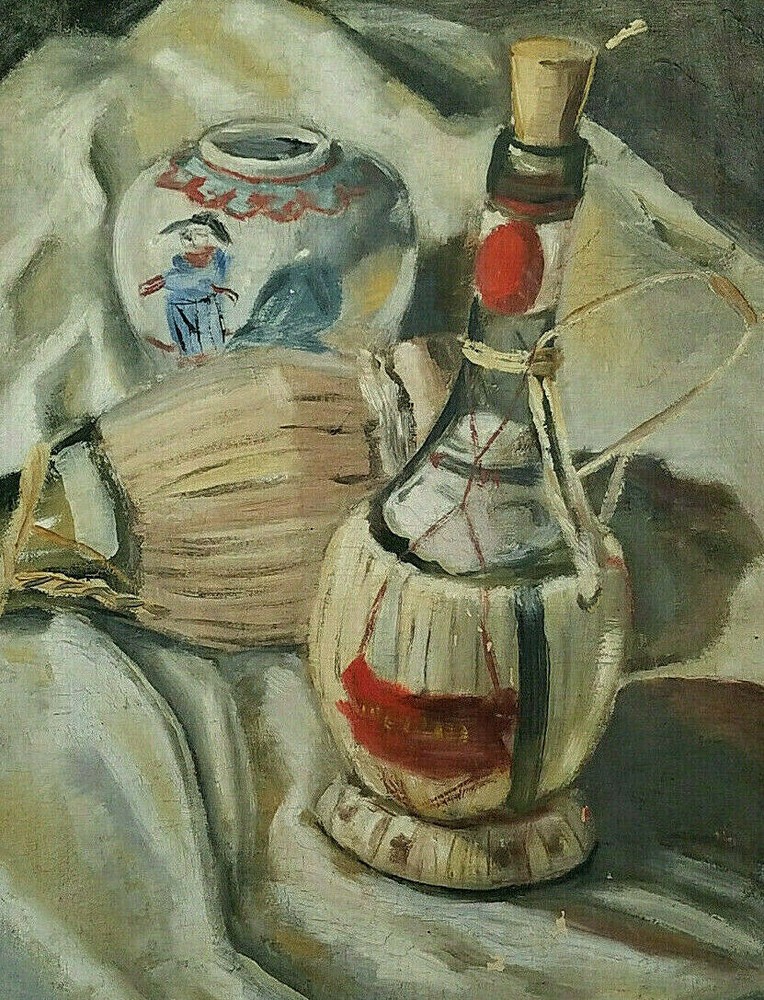 Rare Signed Original Oil Painting Italian Wine Bottles Pulcinella Signed Maxwell