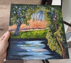 Original Oil Painting Old Trees Landscape Impasto Artwork on Panel 12x12in