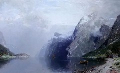 Oil painting Georg Anton Rasmussen – norwegian fjord nice landscape & mountains