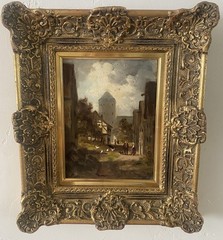 Antique European Town Street With People And Chickens Oil Painting Original