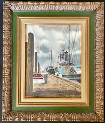 Vtg Framed Watercolor Noted Alaskan Artist Jim Knutson“ Fishing Boats in Harbor“