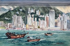 1950s Painting of VICTORIA HARBOR in HONG KONG KOWLOON CHINA Listed Artist