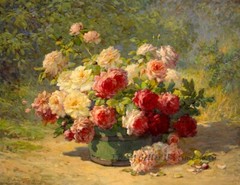 Roses In A Green Barrel Oil painting Wall art Giclee Printed on Canvas P1933
