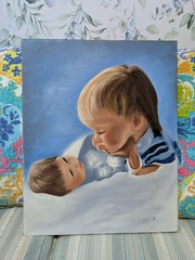 Vintage Original 16×20 Child Baby Siblings Portrait Oil Painting On Canvas