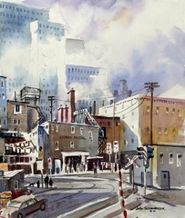 1960s Regionalist Painting of DOWNTOWN LOS ANGELES – GRAND HOTEL and CITY HALL