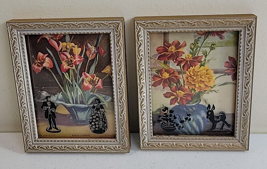 Lot of 2 Silhouette Shadow Floral Artwork Print Wall Decor Hanging 4″x5″