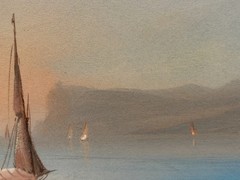 C1900 Italian Neapolitan School Gouache Painting. Mt. Vesuvius. Bay Of Naples