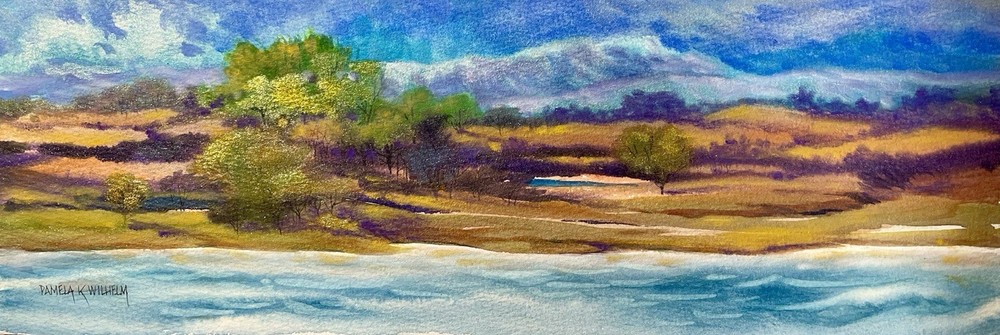 5”x15” Original Pamela Wilhelm Whimsical Watercolor Long Landscape Aqua Waves
