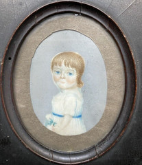 1830’s Miniature Folk Art Portrait Naive Charming Holding Flower American School