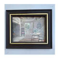 Framed Realism Painting Interior Kitchen Scene Chair Table Flowers Canvas