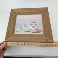 Myung Mario Jung Signed Southwestern Sand Art Pottery Painting Rustic Wood Frame