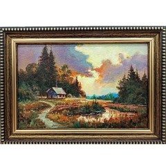 Forest Cabin Original Oil Painting 6×4 Framed Signed Sunset Landscape Nature Art