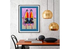 Original Naive Art Twins Girls Portrait Business Women Colorful Painting People