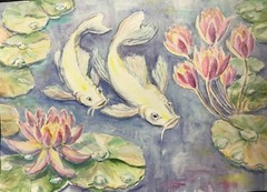 White Koi Carp Fish In a Pond Wall Art. Watercolor painting 11,5″ x 16,25″