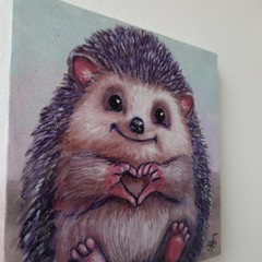 Original Acrylic Painting Cute Hedgehog Heart Love Small Hand Painted Canvas Art