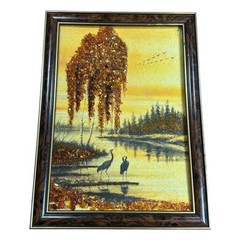 Vintage Baltic Amber Stone Art Landscape Two Cranes Autumn Scene Framed 10×13