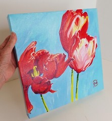 Original Painting on Canvass Tulip Flowers Red & Aqua by M. Ritchie 12″ x 12″