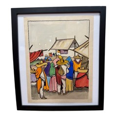 Original Vintage Jorge A Murillo Watercolor Village Market Scene Folk Art 15×13″