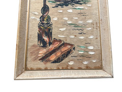 Pair Vintage MCM Venice Gondola Paintings on Burlap Signed ANTON Framed Italy