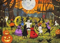 5×7 print of painting RYTA HALLOWEEN BLACK CAT FOLK ART Country Party Witch Owl