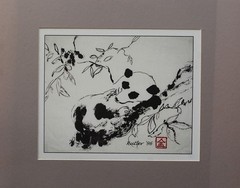 Panda Bear Hand Painted Ink On Rice Paper Black & White Original Art 96 matted