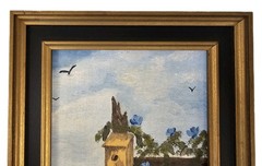 Vtg Original Oil Acrylic Painting Homestead Scene Birdhouse Blue Flowers Vines