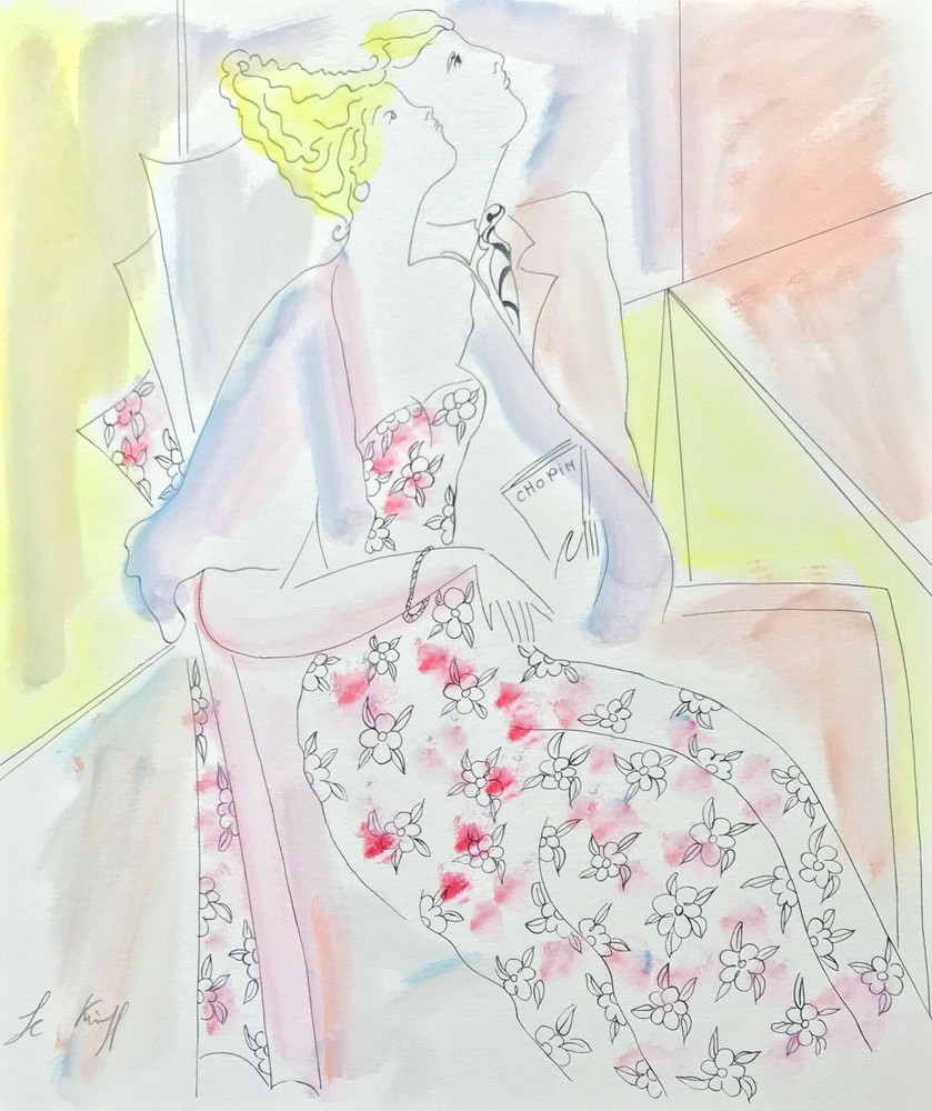 Linda Le Kinff, “Listening to Chopin” – Pastel Pen & Ink & Watercolor