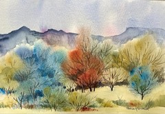 7X10” Original Watercolor Pamela Wilhelm Early Autumn Trees & Landscape