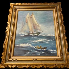 Sailboat Oil Painting Custom Framed 28” X 23.5” Signed Triple Matte Ornate